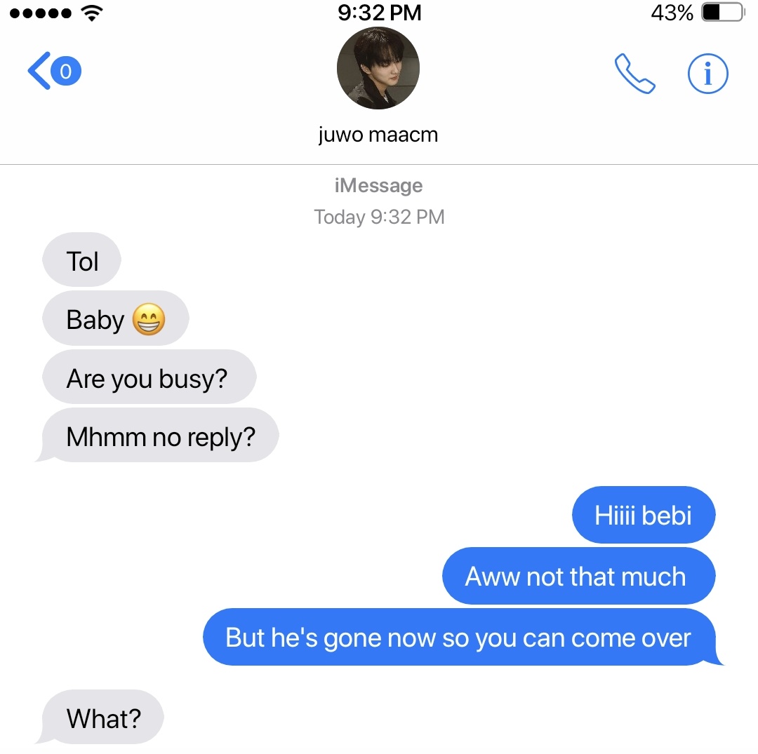 a svnwcn 🔞 au — sol &amp; juwo pt 5

where sol (sň) pranks juwo (jw) "he's gone now, you can come over" through text.