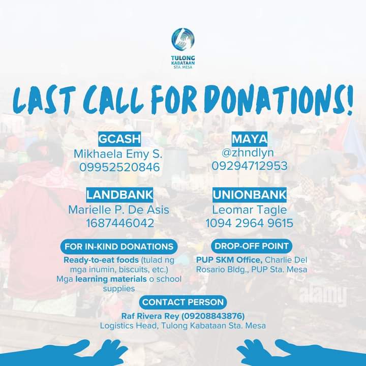 tkstamesa's tweet photo. Makiisa sa Tulong Kabataan Sta. Mesa at mga kasamang organisasyon sa pagkakalap ng tulong pinansyal at in-kind para sa"I-TONDO NA NATIN 'TO." Ang bank accounts at tanggapan ay bukas hanggang bukas (April 27, 2023). Maaari lamang tingnan ang mga detalye sa ibababa. 💙 https://t.co/iNJT8KLt1r
