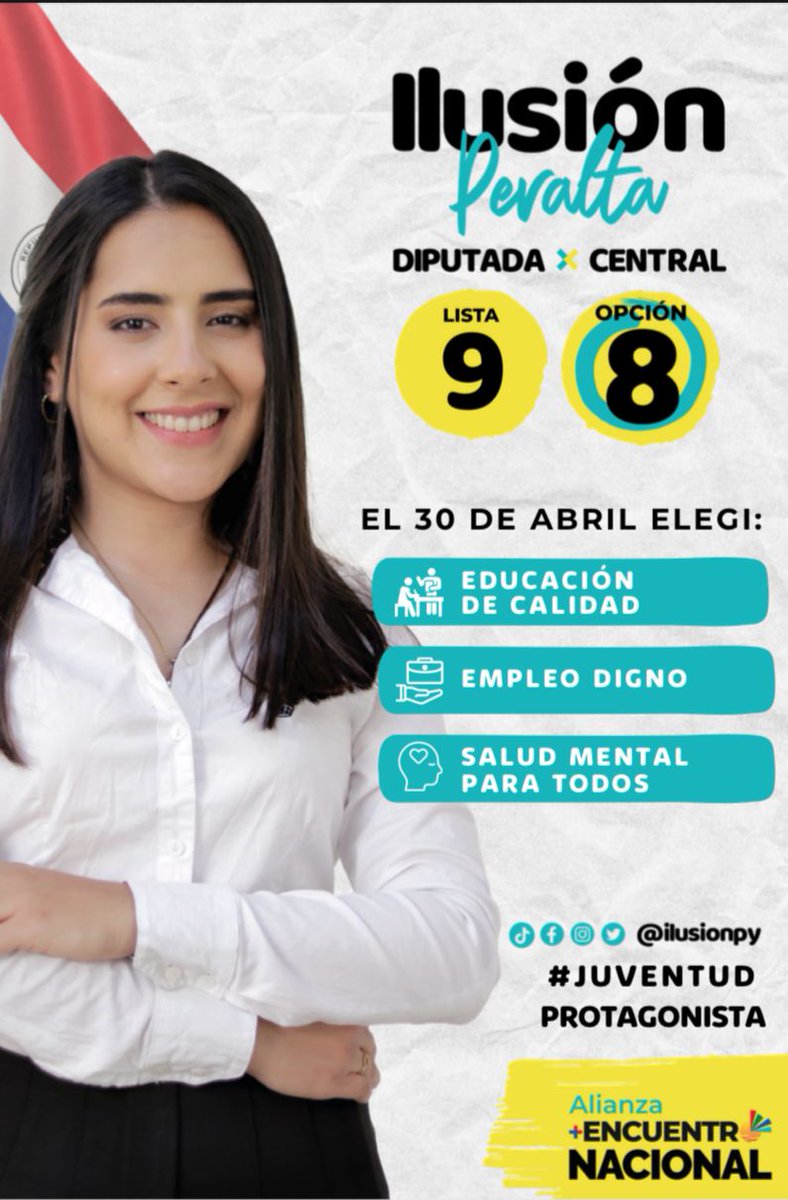Christian_Kiese's tweet photo. Si sos de central y aún no estás decidido/a por quién votar para la diputación, te quiero dejar una muy buena opción: @ilusionpy

26 años, joven, profesional, preparada, líder, con vocación de servicio y con muchas ganas de hacer bien las cosas por el país https://t.co/PvLnA64Z75