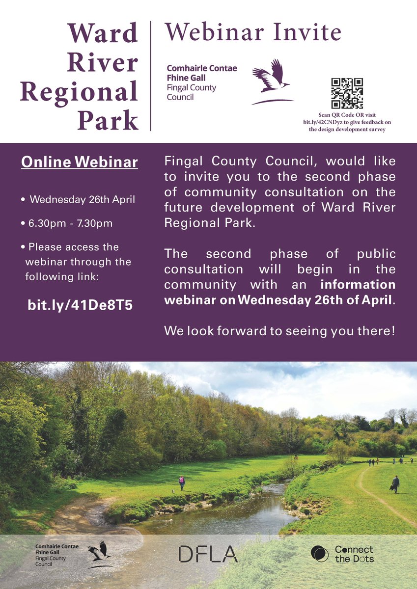 We would like to invite you to the second phase of community consultation on the development of #Swords Ward River Regional Park via webinar today from 6.30pm - 7.30pm. Please access the webinar through the following link: bit.ly/41De8T5