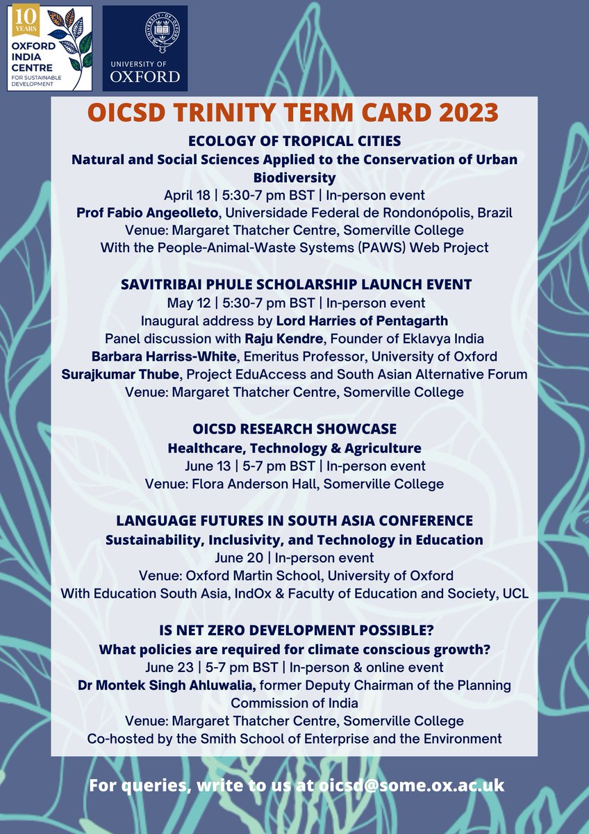 Presenting OICSD's term card of events for Trinity 2023!

Launching the Savitribai Phule scholarship @ProjEduAccess @saaf_oxforduni @EklavyaMovement; a conference on South Asian language futures with @EdSouthAsia; #NetZero lecture with @TheSmithSchool & more.