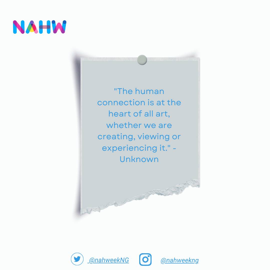 At the heart of all arts...🤔
... Human connection ✔️

May 8 - 14 is almost here.
Do join us for National #ArtsInHealth Week.
It promises to connect humanity 💯

#ArtandHumanConnection
#ArtsinHealthcare
#Nahweekng