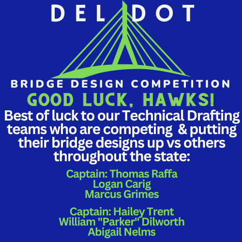 St_GeorgesTHS's tweet photo. Best of luck to our #TechnicalDrafting students who are competing tomorrow at the DelDot Bridge Design Competition. Go Hawks! #NCCVTWorks #CTE @ChadHarrisonSG @fhansonic #RealLifeRealLearning https://t.co/eYRE4nKtDr
