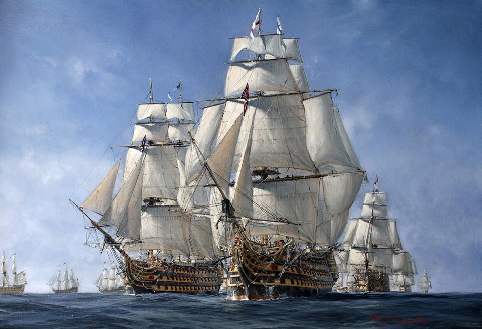 Hold the line by Richard Grenville

It shows HMS Victory and Temeraire on their approach to the Franco-Spanish fleet at the Battle of Trafalgar. Both will gain immortality, one through being preserved, the other through being painted by Turner.

#RoyalNavy #Ageofsail #Marineart