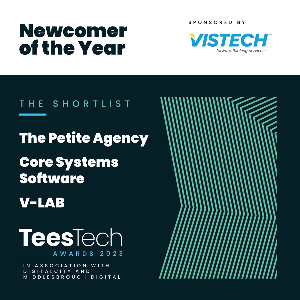 Tees_Business's tweet image. We&apos;ve reached the halfway point in our finalist announcements for the #TeesTechAwards - the fifth category is Newcomer of the Year sponsored by @VistechServices. Congratulations to:

⭐ The Petite Agency
⭐ @coresoftsystems 
⭐ V-LAB

@MbroDigital | @The_DigitalCity