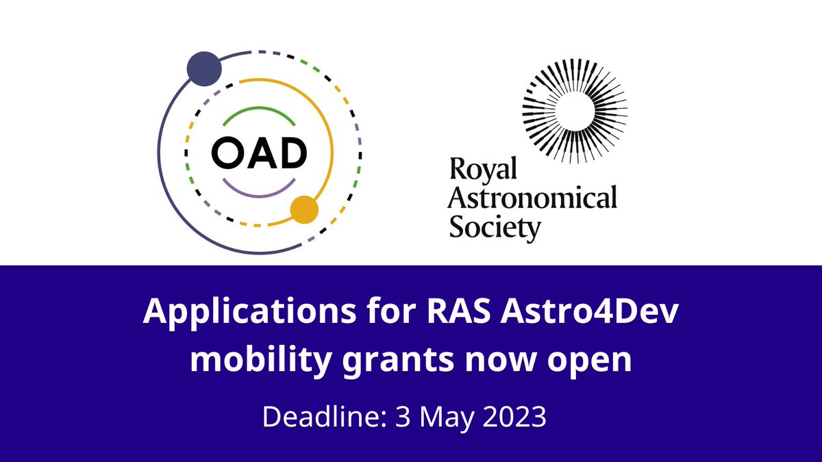 Applications for the RAS-OAD Astro4Dev mobility grants are now open! The grant scheme aims to establish and promote research and education in countries where astronomical research is not well established.

Learn more &amp; apply ⬇️

astro4dev.org/partners-progr…