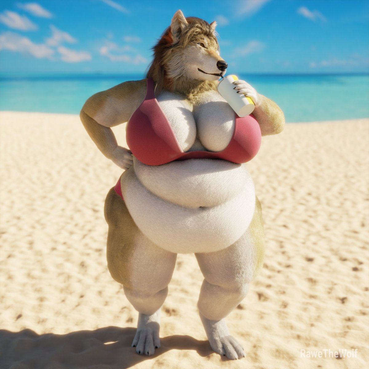 RaweWolf's tweet photo. The new female wolf I call Maya, a pretty rotund wolf. :D

Made it a summer beach scene with bright sunlight to really reveal her curves.
#furryartwork #fatfurs #3D #furryfandom https://t.co/nPuYq88gl4