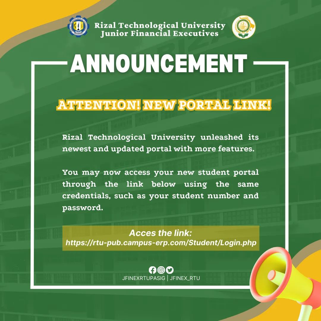 JFINEX_RTU's tweet photo. 𝐀𝐓𝐓𝐄𝐍𝐓𝐈𝐎𝐍: 𝐍𝐄𝐖 𝐏𝐎𝐑𝐓𝐀𝐋 𝐋𝐈𝐍𝐊!

You may access your new student portal through the link below using the same credentials, such as your student number and password. 

𝙿𝙾𝚁𝚃𝙰𝙻 𝙻𝙸𝙽𝙺: https://t.co/kDcBxCspmK https://t.co/CAilH5eoEi