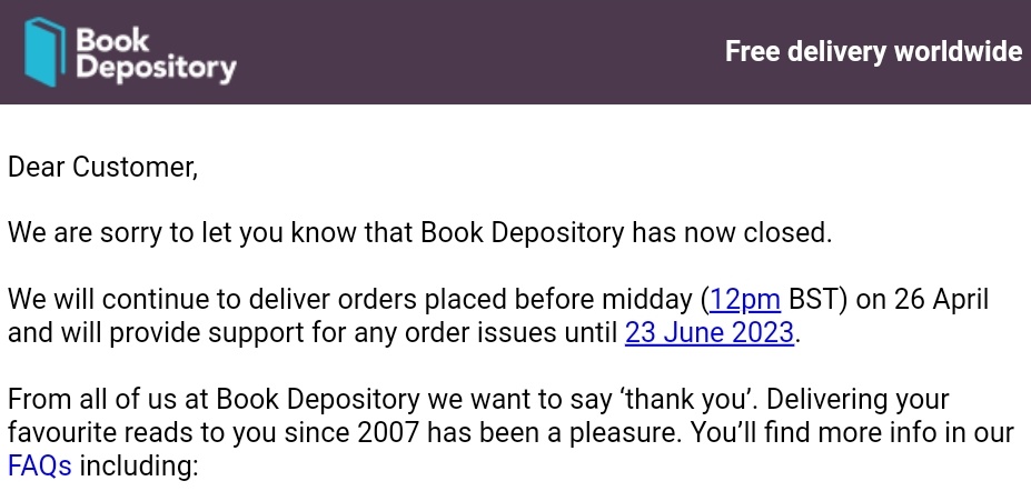 Amor_en_libros's tweet image. Un día triste 💔 
Gracias a #bookdepository pude conseguir muchos libros que no llegaban a mi país, sin que me mataran con los precios.
Nos va a hacer mucha falta 😭