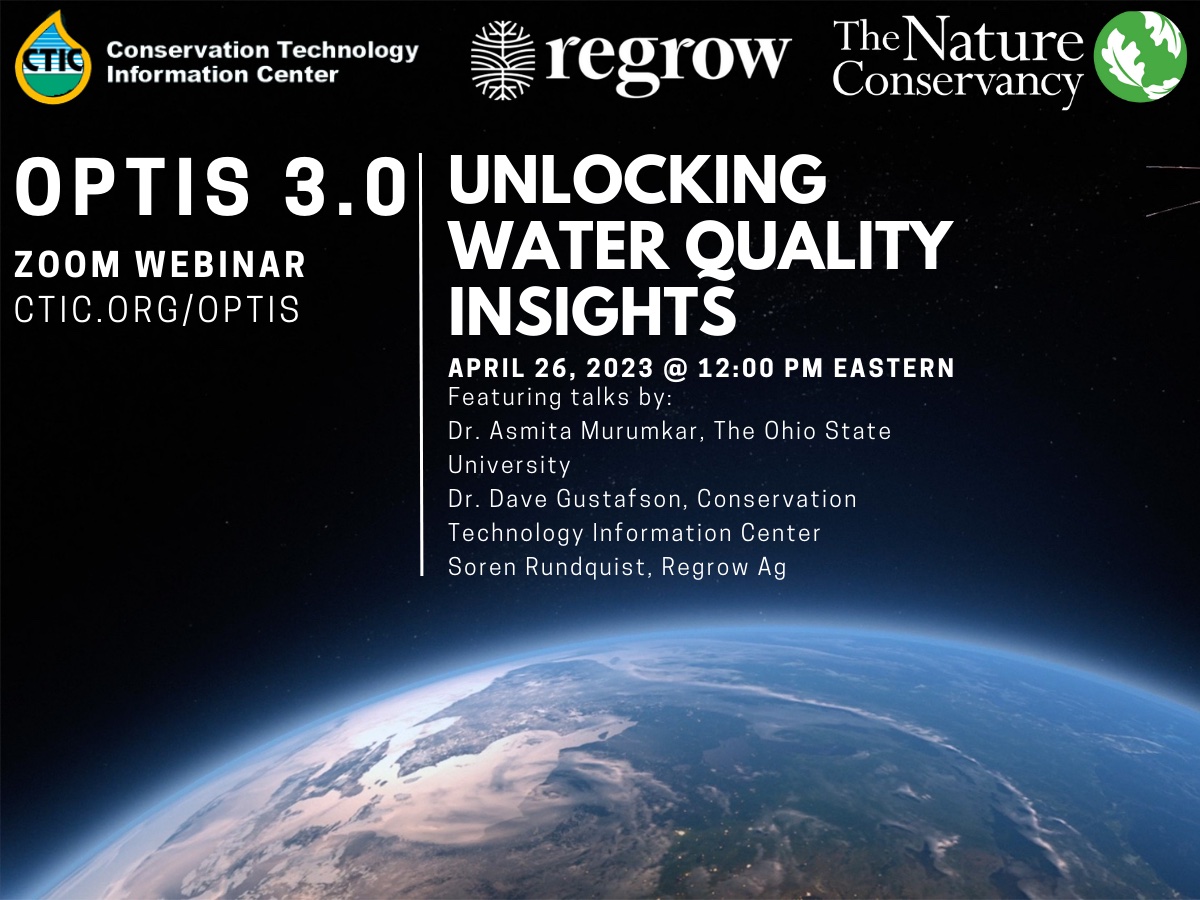 FoodSystem_CAMO's tweet image. Webinar is at noon EDT today! Learn how #RemoteSensing and #OpTISdata can reveal the positive impact of #CoverCrops and #NoTill on #WaterQuality, a major co-benefit of these key #ClimateSmart practices. Register (free!) at us02web.zoom.us/webinar/regist… @RegrowAg @CTIC_Tweet @NatureAg