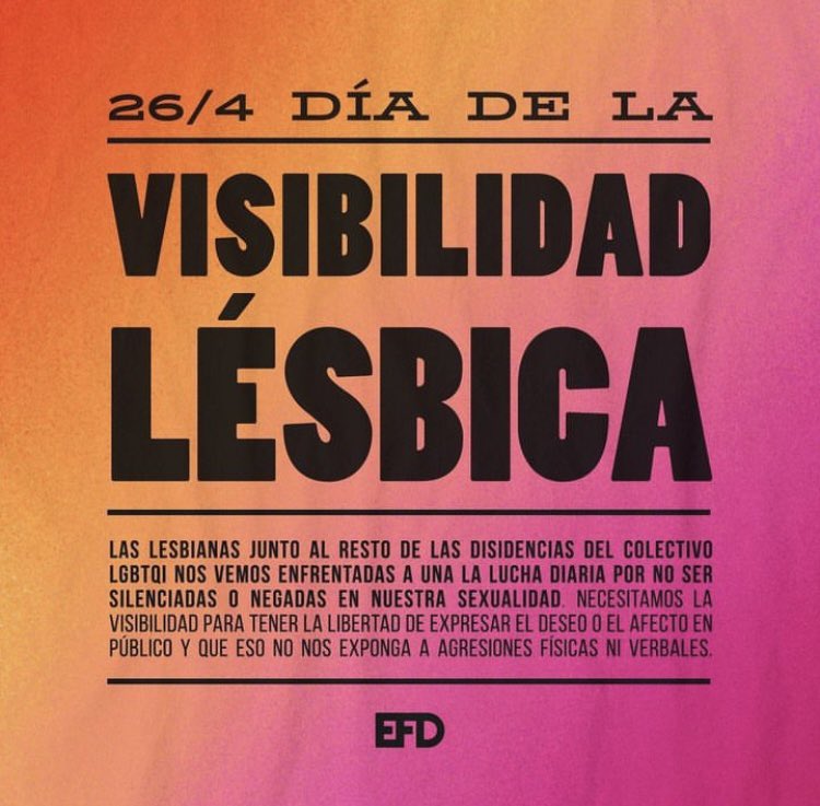 EFDiversas's tweet photo. Hoy se conmemora el #DíaDeLaVisibilidadLésbica.  Esta fecha tuvo su origen en 2008, cuando un grupo de personas y organizaciones LGBTQI se pronunció en España para reclamar por los derechos de las lesbians así como exigir que sean respetadas y tomadas en cuenta. https://t.co/Qc5Xyuk7PE