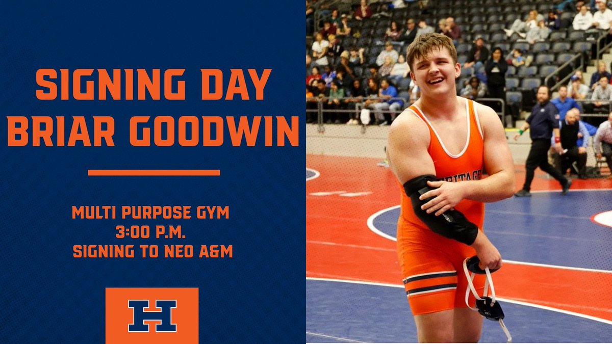 Briar Goodwin signs NLI to wrestle at NEO A&amp;M at 3:00 TODAY in the Multi-Gym! #BeTheStandard