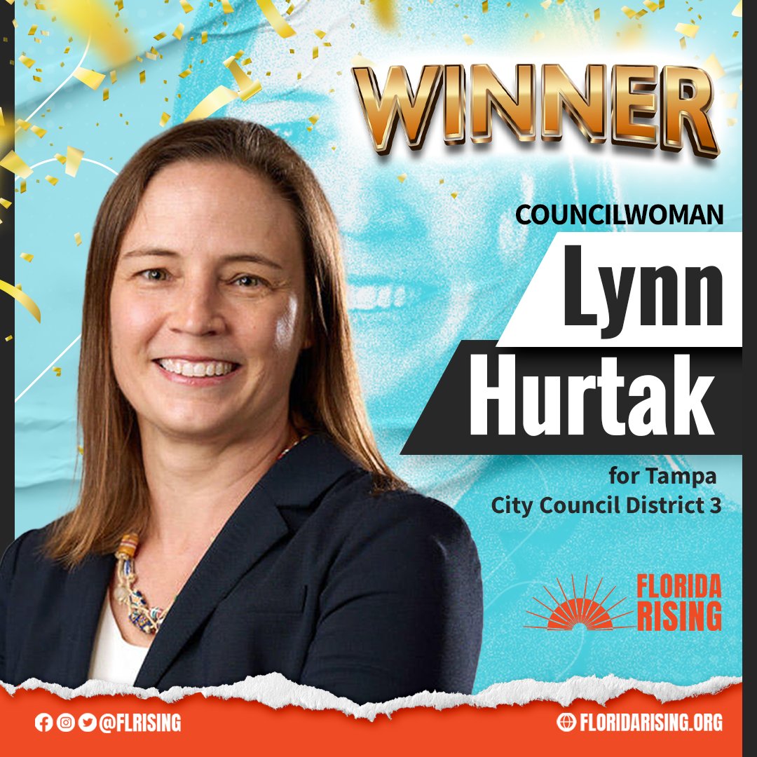 Florida Rising (Text JOINUS to 58123) (@flrising) on Twitter photo FL Rising congratulates <a href="/LynnHurtak/">Lynn Hurtak</a> for winning Tampa City Council District 3! Hurtak has the experience to represent the people of District 3 & we know that she will continue to be a vocal advocate for systematic inequality and a #JusticeOnEveryBlock Champion! FL Rising congratulates <a href="/LynnHurtak/">Lynn Hurtak</a> for winning Tampa City Council District 3! Hurtak has the experience to represent the people of District 3 & we know that she will continue to be a vocal advocate for systematic inequality and a #JusticeOnEveryBlock Champion!