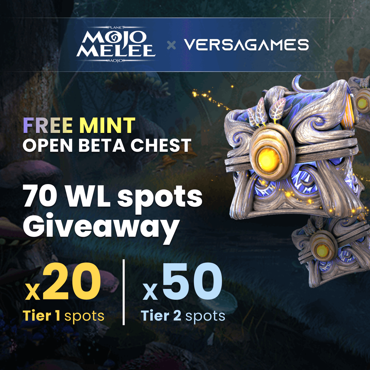 🔥Planet Mojo x VersaGames🔥
📢70 WL spots #Giveaway for the Mojo Melee Open Beta Chest!📢

To join:
✅Like + RT
✅Follow <a href="/VersaGamesHQ/">VersaGames</a> &amp; <a href="/WeArePlanetMojo/">Mojo AI 🌱</a>
✅Join Discords: discord.gg/versagames &amp;
discord.gg/planetmojo
✅Fill: forms.gle/xm5gwu5qDUkfwk…
Ends in 4D

More details👇