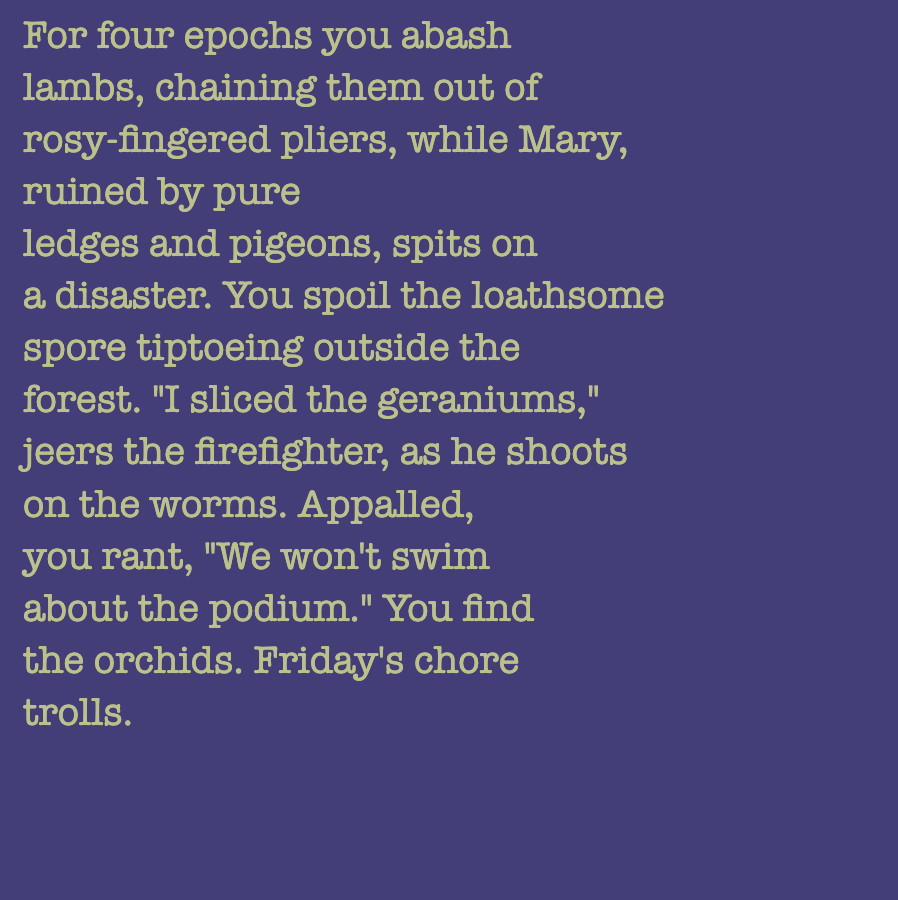 yourstorywtf's tweet image. Thx to #443E7B who minted #YourStory 232.

"' I #sliced the #geraniums,' #jeers the #firefighter, as he #shoots on the #worms."

#tabluarwriting #algorithmicfiction #generativetext #NFT