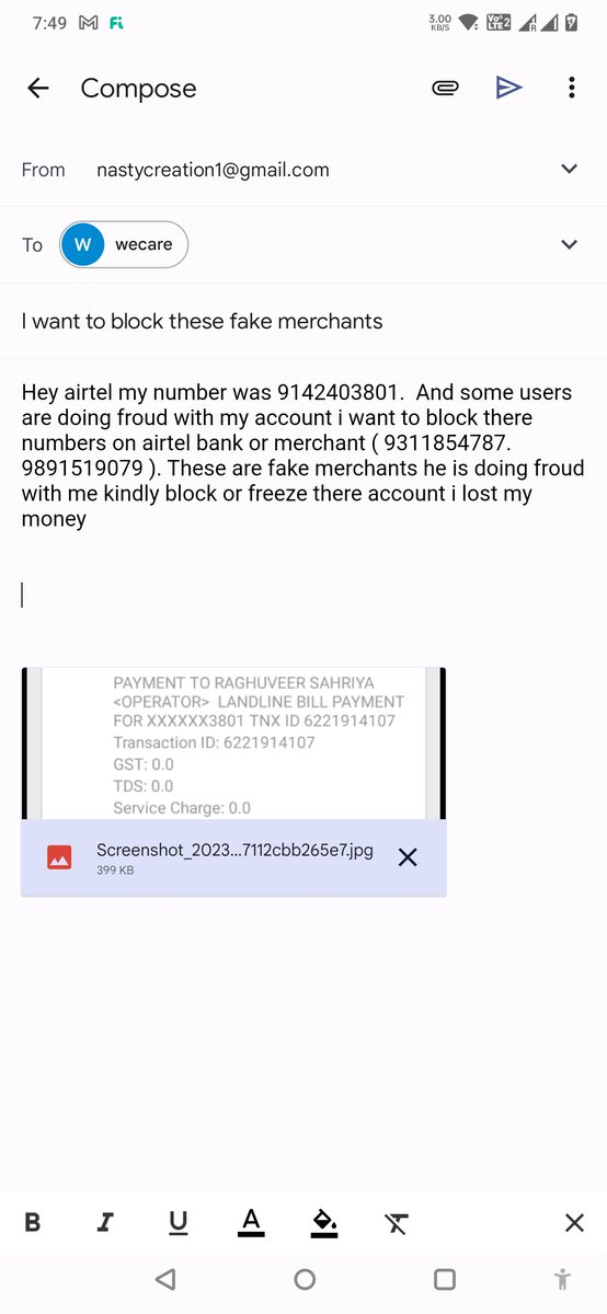 nitingautam_01's tweet photo. @RBI 
@RBIsays 
@CybercrimeCID 
@CybercrimeSp 
Hey airtel my number was 9142403801.  And some users are doing froud with my account i want to block there numbers on airtel bank or merchant ( 9311854787. 9891519079 ). These are fake merchants he is doing froud with me kindly bloc https://t.co/7DZHZu0LzN