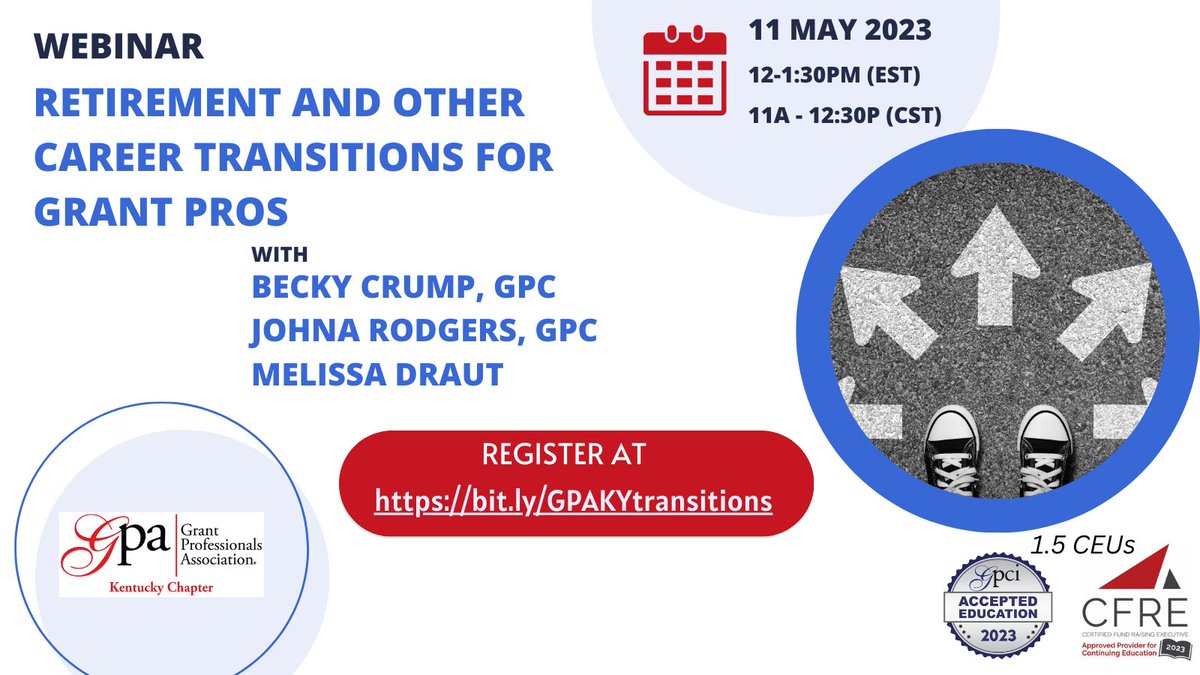 We hope you'll join us on May 11th to hear from 3 successful #GrantPros on how they approach retirement and other major career transitions.  Register at bit.ly/GPAKYtransitio…