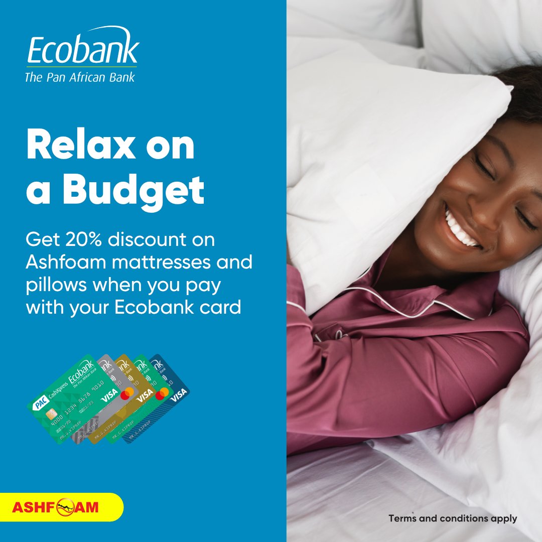 EcobankGhanaPLC's tweet photo. Sleep in comfort and save with #Ecobank and #Ashfoam! Get a 20% discount on mattresses and pillows at any Ashfoam shop when you pay with your Ecobank card. Upgrade your sleeping experience with premium bedding options from Ashfoam, and enjoy the convenience of paying with your Ecobank card.
Don't miss out on this limited-time offer! Visit selected Ashfoam shops today and pay with your Ecobank card to enjoy the discount.
#CardPayments #Discount #ThePanAfricanBank