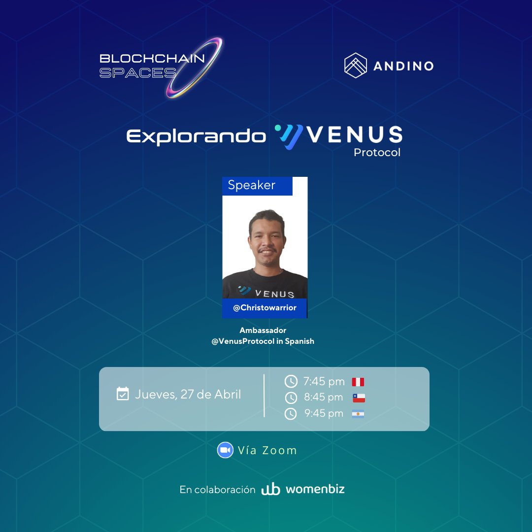 andino_labs's tweet photo. #BlockchainSpaces te invitamos a nuestro primer espacio explorando @VenusProtocol
Speaker @Christowarrior 🇲🇽 , Ambassador de Venus protocol en español.
Primer link, información de registro👇
#Venusprotocol #web3 https://t.co/do5kS3Tbc5