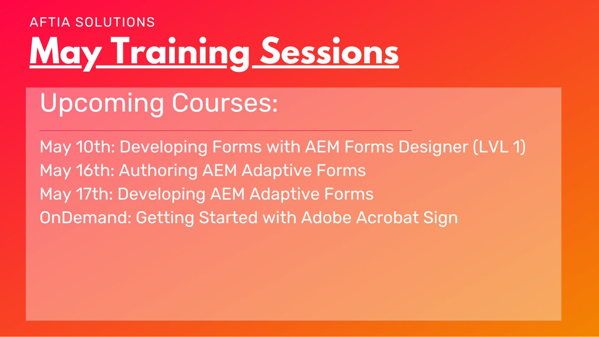 Join us next month as we offer a variety of AEM Forms and Acrobat Sign courses. Register your team and equip them with the knowledge to use these powerful tools.

Register here: lnkd.in/ddjSYrp

#AEM #Adobe #Acrobat #eSign