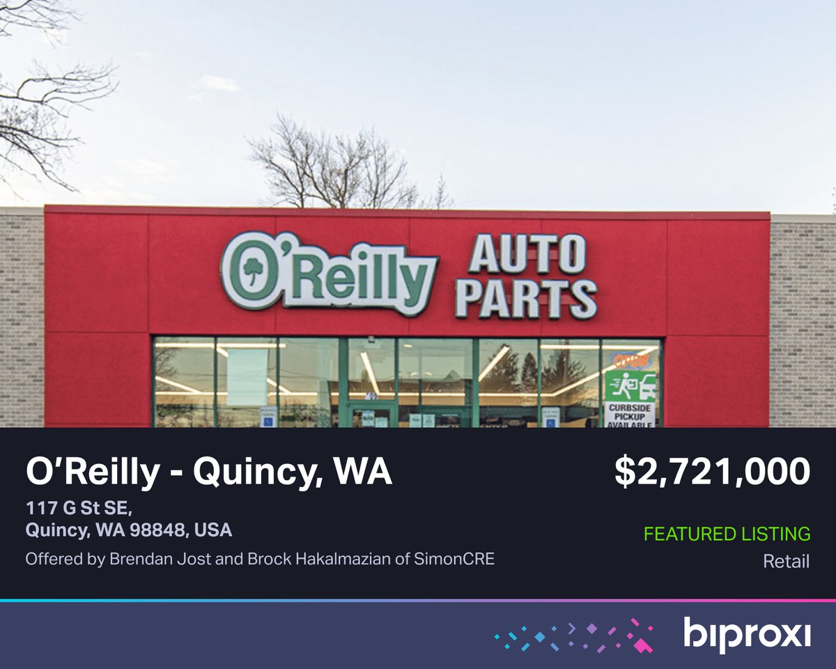 Biproxi's tweet photo. Featured this week on Biproxi: O’Reilly Auto Parts in Quincy, WA. A new 2023 net lease opportunity in a fast growing and thriving local economy.

Offered by Brendan Jost and Brock Hakalmazian . Click to learn more and see what this property has to offer: https://t.co/LtTvaNz85v https://t.co/DWjr4OX6aE