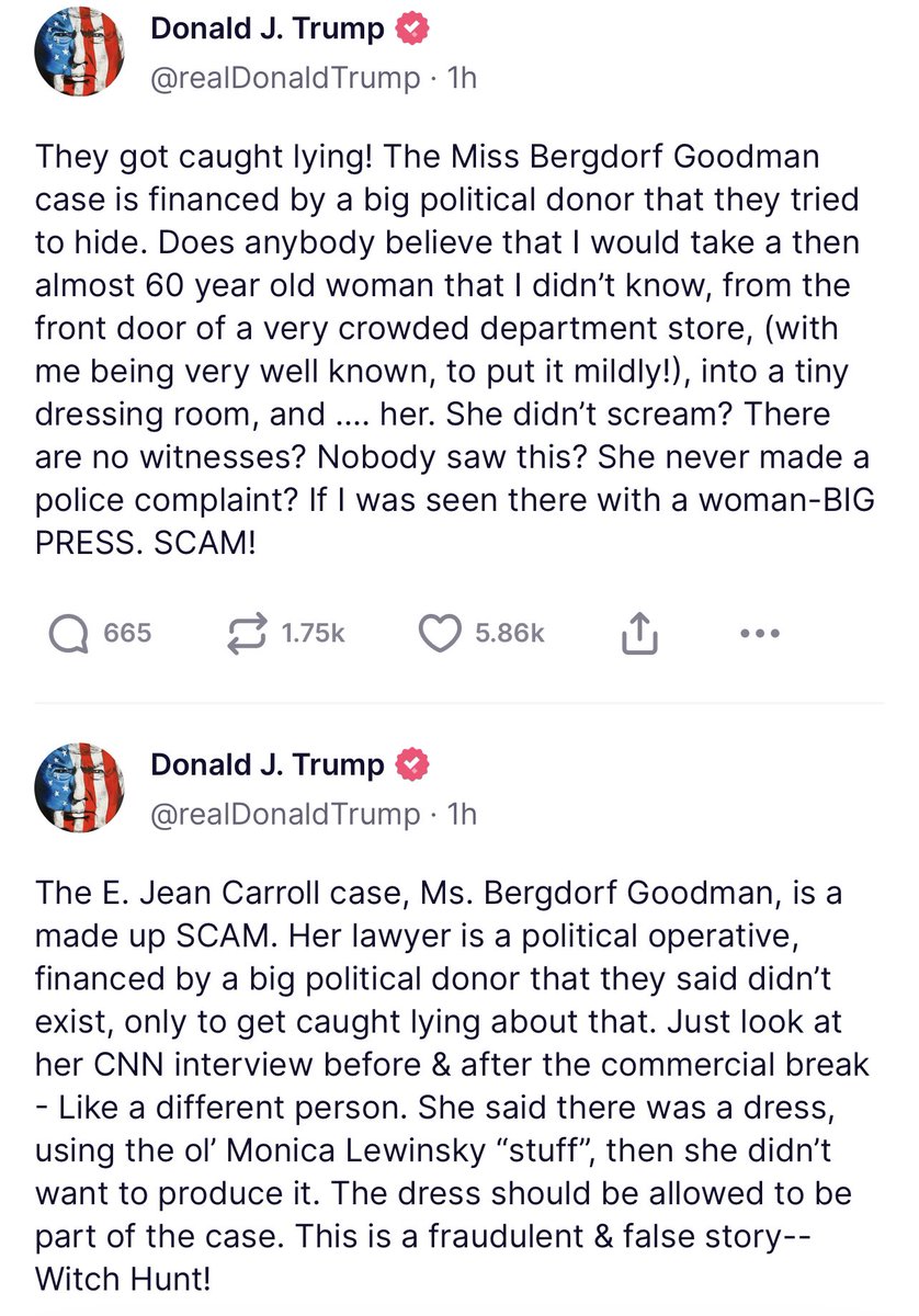 MeidasTouch's tweet image. Trump’s posts from this morning about E. Jean Carroll were already brought up in the courtroom and the judge is not happy.

The more Trump posts about the case, the more it will backfire.