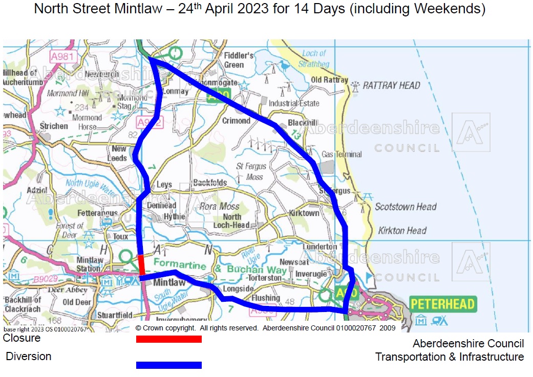 Aberdeenshire's tweet image. Motorists are reminded to use the formal diversion around #Mintlaw during the closure of the #A952 North Street being managed by Colaren.

After safety issues were highlighted with vehicles using unsafe short cuts, the C5B Balring and U5B Dunshillock roads are also closed.

1-3