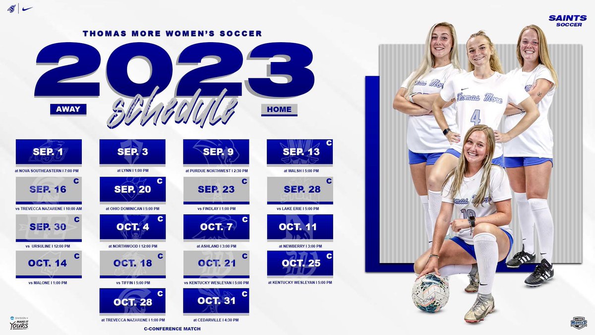 2023 Thomas More University Women's Soccer Schedule.

<a href="/TMU_WSoccer/">TMU Women's Soccer</a> 

#LetsGoSaints