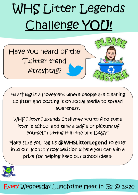 WHSLitterLegend's tweet photo. #WHSLitterLegends challenge the students of Wales High to take part in the trend #trashtag and enter our competition to win PRIZES! 

All you need to do is find litter around school and take a photo of yourself cleaning it up! Post it on Twitter or email @MrsLCallaby to enter... https://t.co/mtvQiyk2mO