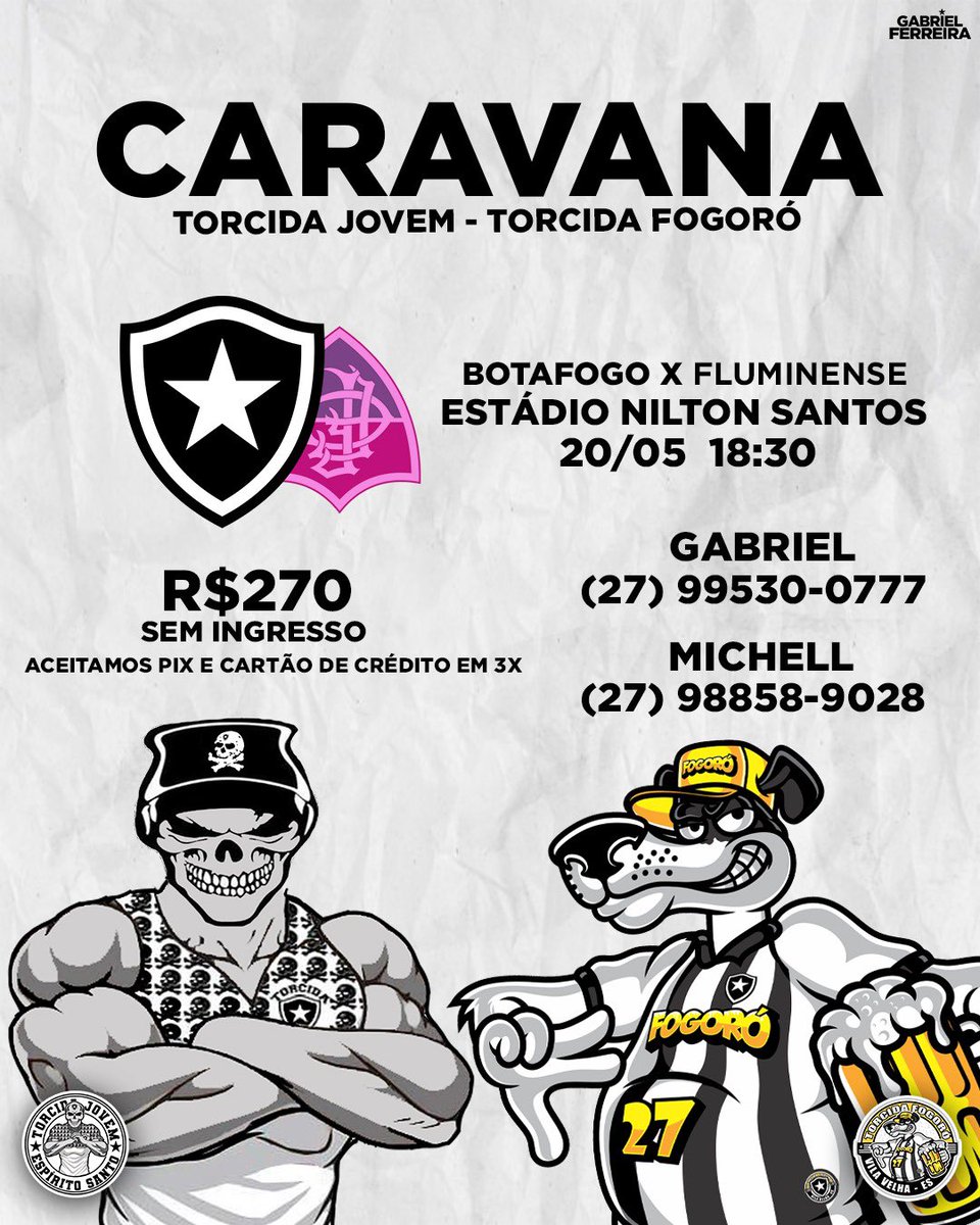 🚍 CARAVANA - BOTAFOGO vs fluminenC

🗓️ DATA DA SAÍDA: 19/05(sexta)

📍LOCAL DE SAÍDA: BAR SEDE FOGORÓ

🕦 HORARIO: 00:00h

---> VALOR ÚNICO (SEM INGRESSO): R$270,00