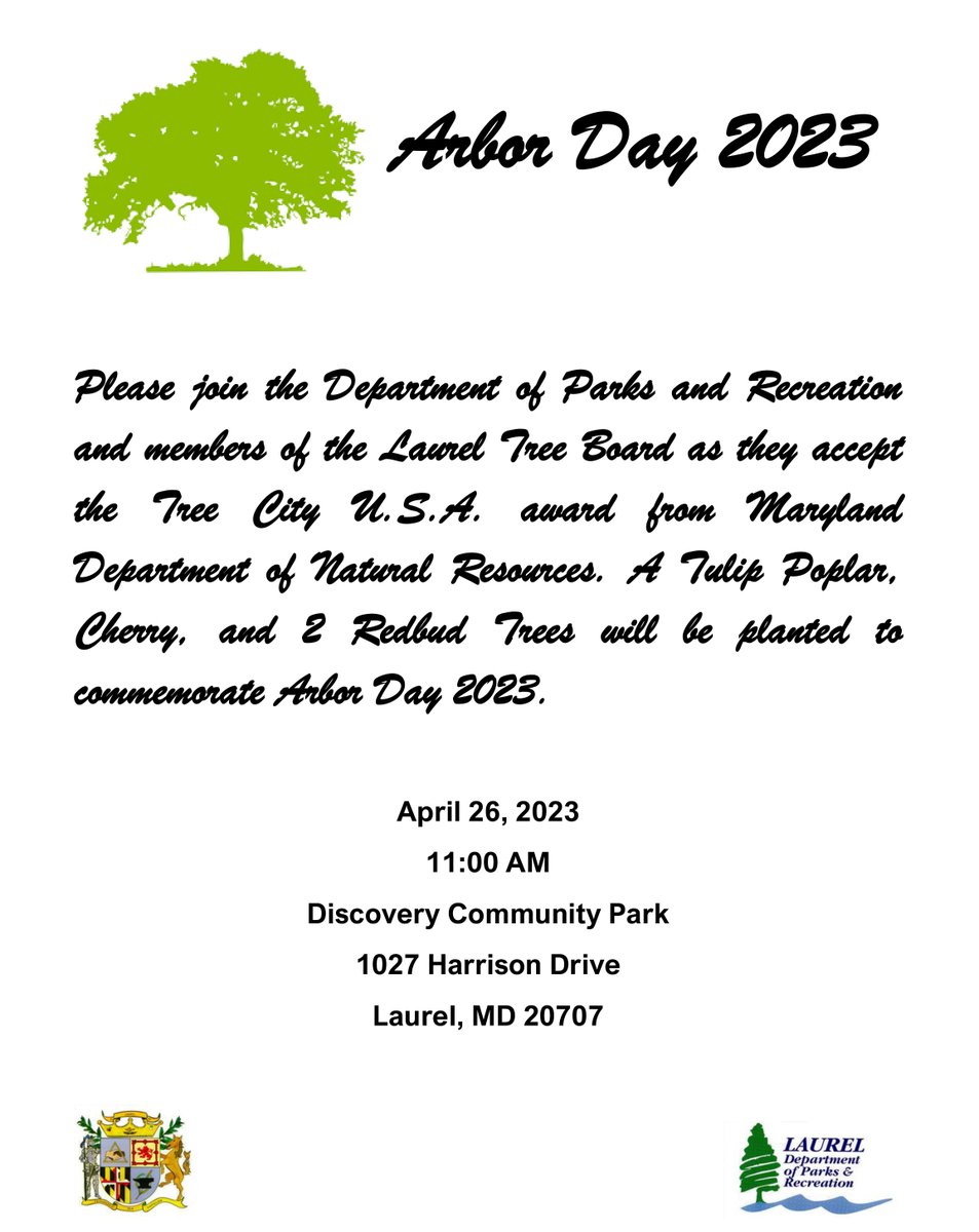 We have been awarded another Tree City award &amp; are accepting the award from the <a href="/MarylandDNR/">Maryland DNR</a> today (4/26) at 11am at Discovery Park (1027 Harrison Dr.) in Laurel!

Come celebrate Arbor Day in the City of Laurel with us!

<a href="/LaurelPIO/">Laurel PIO</a> <a href="/LaurelClerk/">City of Laurel Clerk</a> <a href="/LaurelParksRec/">City of Laurel Department of Parks and Recreation</a> <a href="/LaurelCityOEM/">Laurel City OEM</a>