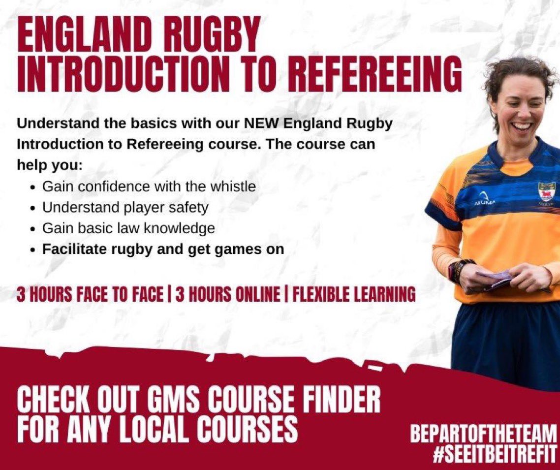 Want to be a referee? @rfu introduction to refereeing courses across <a href="/EastMidsRugby/">East Midlands Rugby</a> 5th June @dunstablians  21st June <a href="/DaventryRFC/">Daventry RFC</a> 5th July <a href="/olneyrfc/">Olney RFC</a> 12th July <a href="/OfficialKRFC/">Kettering RFC</a> 26th July <a href="/pborolionsrfc/">Peterborough Lions</a> Courses are free, register via the RFU GMS system, englandrugby.com/participation/…