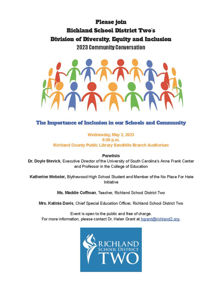 JOIN US: Wednesday, May 3rd at 6PM!
Panel discussion with Q&A on the Importance of Inclusion in our Schools and Community.
Held at the Richland County Public Library Sandhills Branch Auditorium.
@accessfreely
@EmbraceEquity
#R2DEI