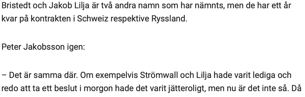 Att Peter Jakobsson ens kan tänka tanken att ta in en KHL-spelare som Lilja är fanimej horribelt. Var är värdegrunden och moralen? Han borde istället sagt att "Lilja tar vi inte i ens med tång".