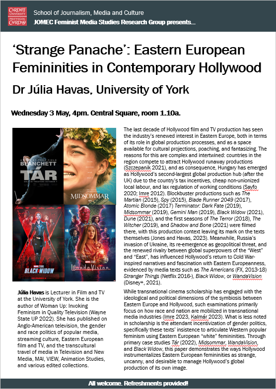 JOMEC Feminist Media Studies Research Group presents: 'Strange Panache’: Eastern European Femininities in Contemporary Hollywood - Dr Júlia Havas, University of York. 🗓️4pm, Weds 3rd May

Register here👇
eventbrite.com/e/feminist-med…