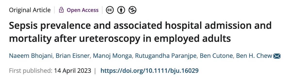 Just published - What is the prevalence of sepsis and mortality in ureteroscopy from big data? Read here: bjui-journals.onlinelibrary.wiley.com/doi/10.1111/bj…
@NaeemBhojani7 <a href="/EndoEDGE13/">EDGE Consortium</a> <a href="/Endo_Society/">Endourological Society</a> <a href="/bsc_urology/">Boston Scientific Urology</a> <a href="/endourologyucsd/">Manoj Monga</a> <a href="/BEkidneystone/">Brian Eisner</a>