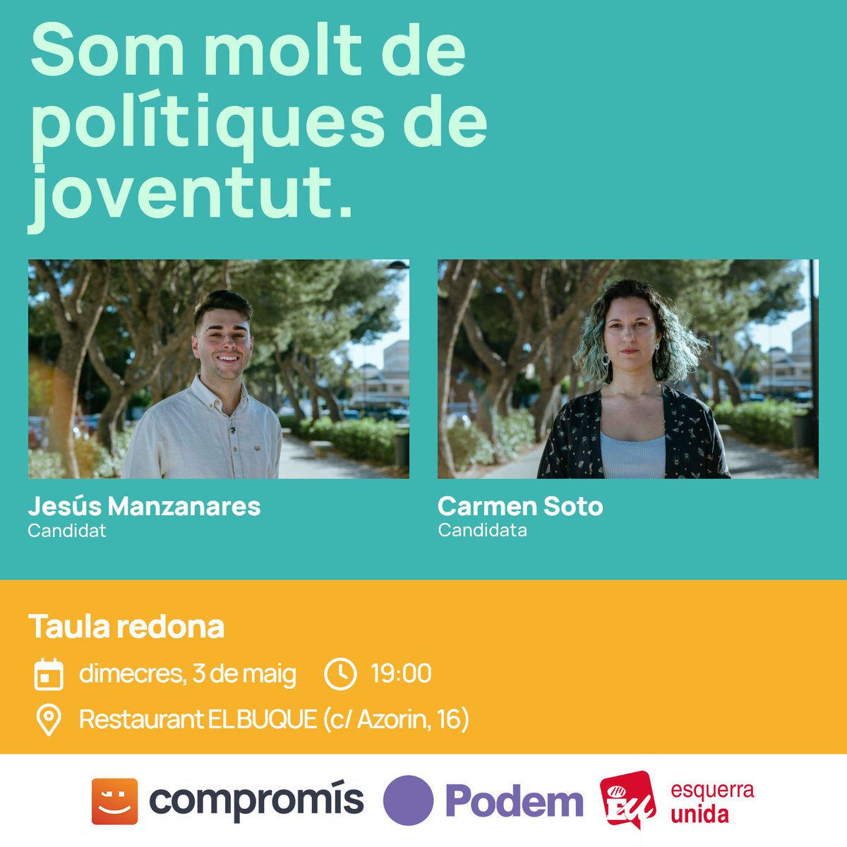 📢 No et perdes l'acte d'escolta a joves que tenim preparat per al pròxim dimecres!

🔻Volem que ens contes les teues inquietuts i necessitats, perquè només escoltant a la gent jove podem construir un futur digne per a totes. 

🕖 Ens veiem a "El buque" a les 19:00 hores