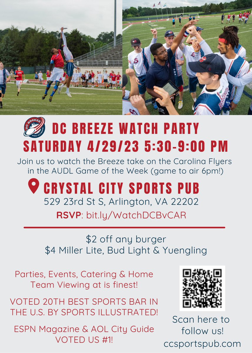 theDCBreeze's tweet photo. Not traveling to Carolina for our game vs the Flyers Saturday?

Come watch with us at @CCSportsPub
(https://t.co/sPQuFEb2U1)!!  

$2 off burgers + $4 select Domestic Drafts, $14 select Domestic Pitchers.

RSVP: https://t.co/RaZ9LiSGLP 

#AUDL2023 | #ForTheDistrict https://t.co/Avm8y81ATO