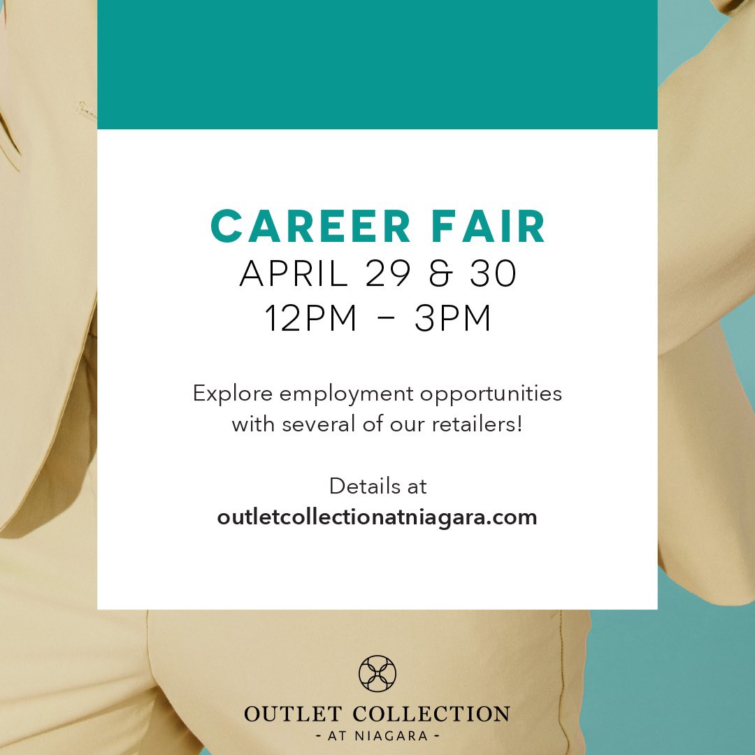 NC_CES's tweet photo. Looking for a career in retail? 

Visit the Outlet Collection at Niagara on April 29 &amp; 30 to speak with participating retailers about exciting career opportunities.

April 29: 12:00pm – 3:00pm
April 30: 12:00pm – 3:00pm https://t.co/7UsZTeKUkg