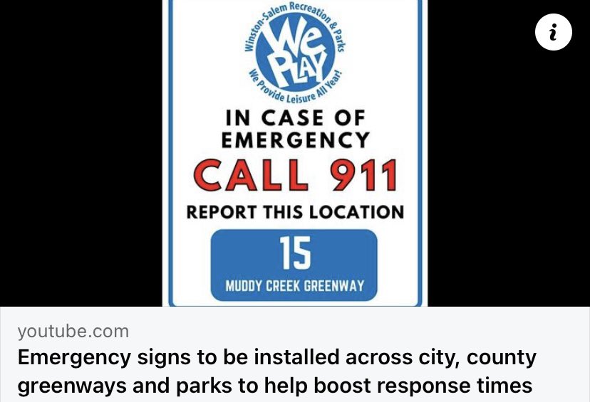 SarahMastouriTV's tweet photo. COMING SOON! Over the next month or so, you might see emergency signs along city and county greenways, parks and trails that will coincide with GIS technology that tracks addresses to help first responders arrive to a call much faster. @CityofWS https://t.co/ar2R5KdgZY https://t.co/wr7pE9VfBO