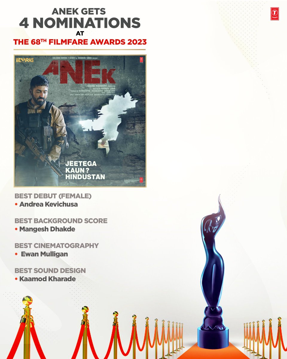 Thrilled to be nominated at the 68th @filmfare #Awards.

@anubhavsinhaa #benarasmediaworks @ayushmannk #andreakevichusa #bhushankumar #krishankumar @aafilmsindia #shivchanana #sagarshirgaonkar #dhrubdubey