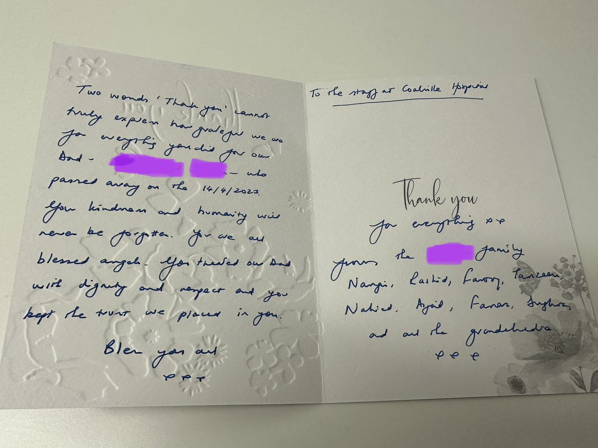 sadiehall74's tweet photo. Always lovely to receive such kind words from a patients family at such a difficult time for them 💕 #oneteam #stepuptogreat @Coalvillehospi1 @tinpack02 @MarigoldVV @LPTnhs @sj_latham @MichaelaIrelan4 https://t.co/sm57e9Pxdf