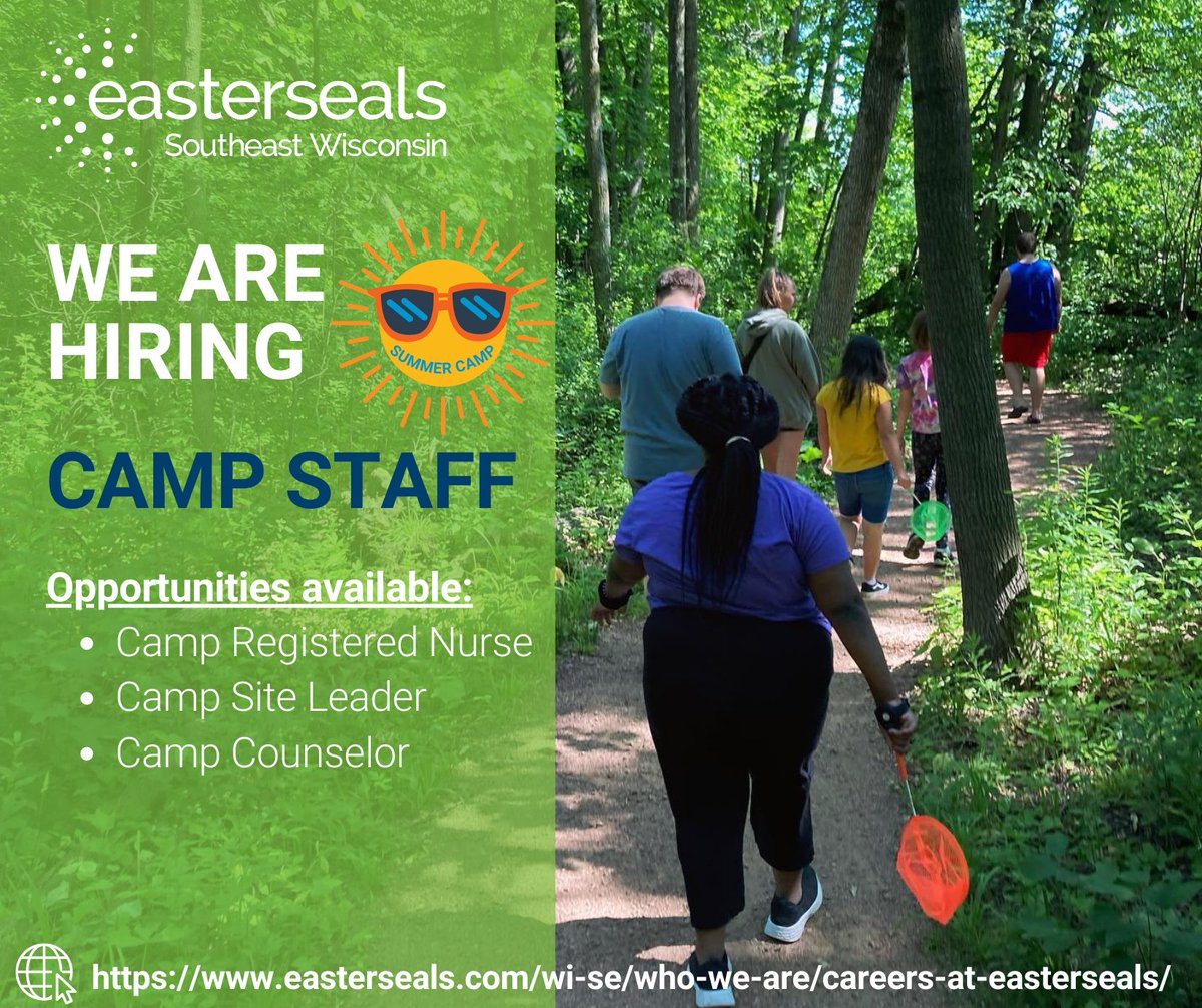 Looking for a fun and rewarding summer job? Join our summer camp team for Wil-O-Way Summer Respite Camp!
🌞For more information on all positions available, visit our website: easterseals.com/wi-se/about-us…
#WorkWithUsWednesday #joinourteam #summerjob #funjobs