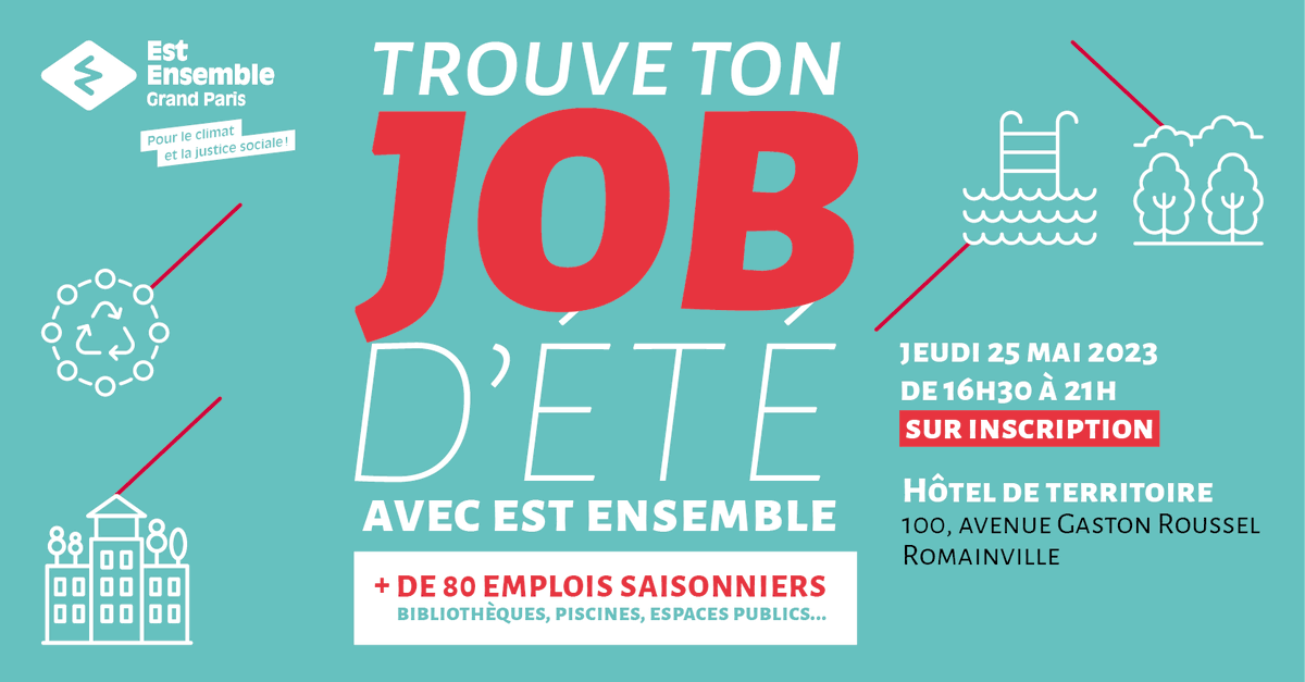 Est_Ensemble's tweet photo. 🌞Vous recherchez un #job d’été ? Est Ensemble recrute + de 80 #saisonniers dans ses #piscines, #bibliothèques et pour la collecte des #déchets.🏊‍♂️📚🚮Candidatez avant le 11 mai ! Infos et inscription 👉 https://t.co/bxiMPLRKqZ #jobdating https://t.co/5ncsliUpWJ