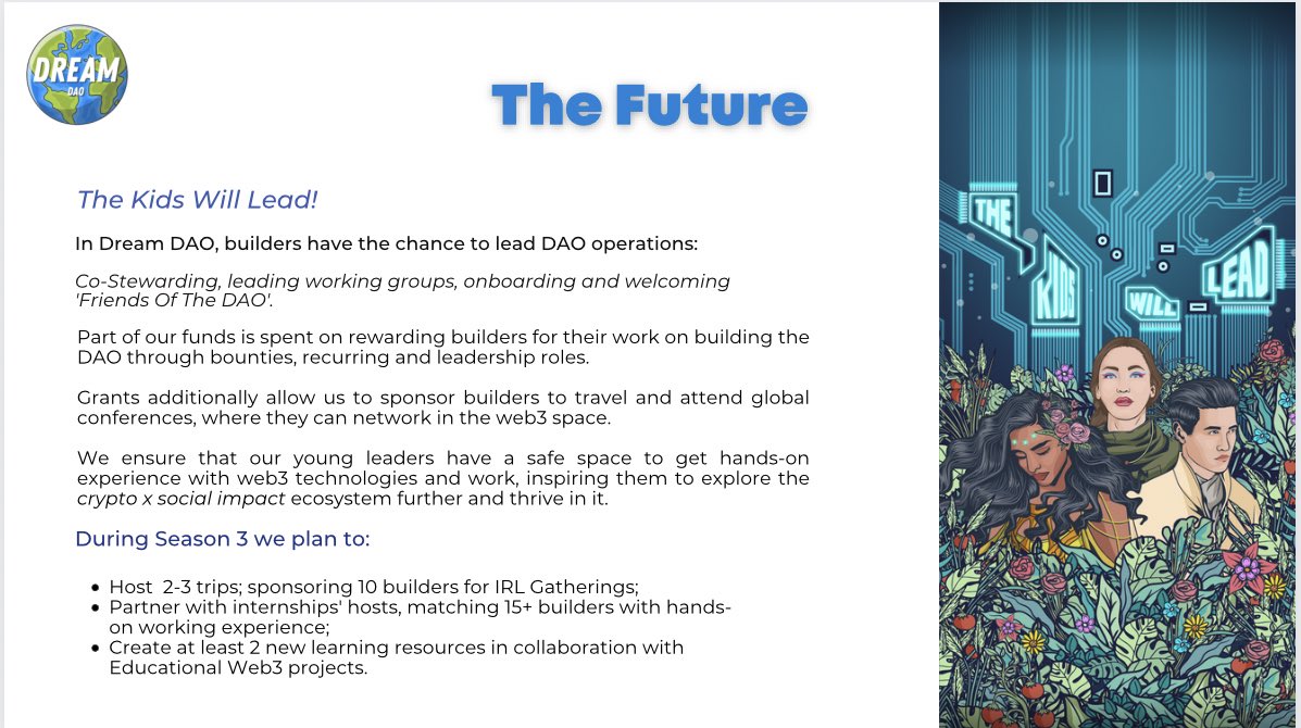 maritan_twt's tweet image. @DreamDAO_ is mentoring and funding GenZ to use web3 x social impact ☀️

they have
- offered internships in organizations like Climate Collective
- funded #GenZ to attend conferences like #DevconVI
- hosted over 70 Learning Sessions 

we plan to do a lot more! 

 find us here 👇🏻