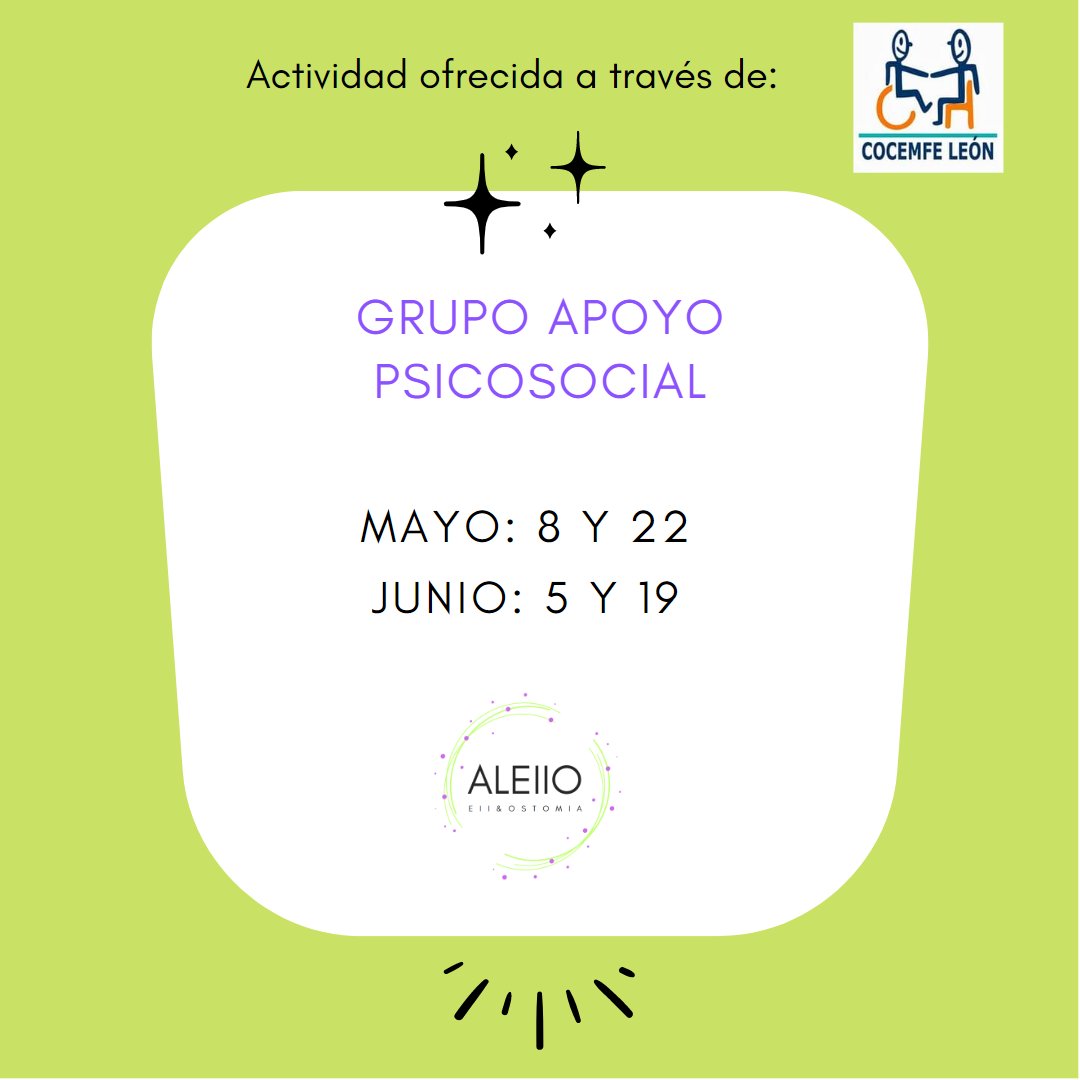 Asc_Aleiio's tweet photo. Os dejamos las fechas de nuestro Grupo de Apoyo psicosocial, actividad ofrecida a través de @COCEMFE_LEON
Mas información e inscripciones:
603 024 790
aleiio.eiiyostomia@gmail.com
#EII #Ostomia #Aleiio #Leonesp https://t.co/3040TtrwpD