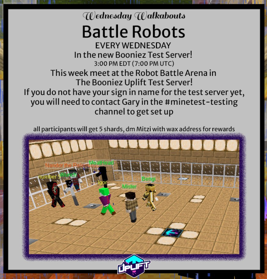 theupliftworld's tweet photo. UPLIFTWORLD BATTLE ROBOTS: Wednesdays @ 3pm EST🤖⚔️
Set up your own BATTLE ROBOT & #EARN 5 Plot Shard #NFTs🤩
Join our #Minetest Test Server & drop feedback in discord (https://t.co/RpzQVau55e)! Help us build the #UpliftWorld as we expand to new horizons🌅 https://t.co/PMV3u3s3QF