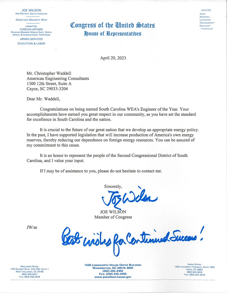 AmericanEngine1's tweet photo. Thank you Congressman @RepJoeWilson  for the kind letter of recognition sent to Chris Waddell for his Engineer of the Year Award. The team at American Engineering Consultants, Inc. is extremely proud of him! https://t.co/LPxn4rpthq