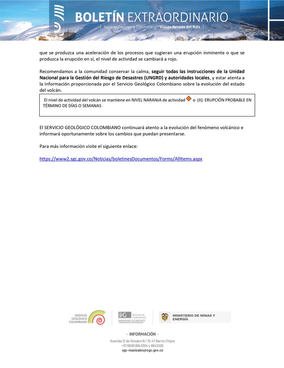 Boletín extraordinario de actividad del volcán Nevado del Ruiz - 26 de abril 09:35. El nivel de actividad continúa en NARANJA 🔸
bit.ly/3VcwAQn
#SGCVolcanes