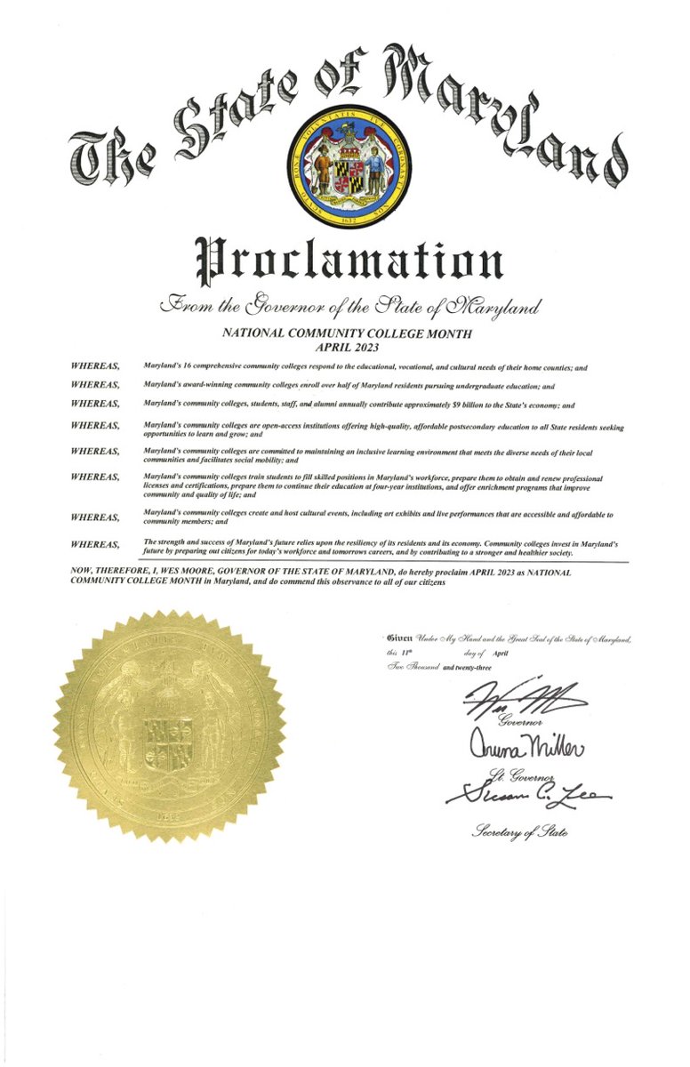 There is no better way to end #CCMonth than with <a href="/iamwesmoore/">Wes Moore</a> proclaiming April as National Community College Month in Maryland! Maryland has a Governor that is a graduate of a community college and understands our mission! @MD_CommunityColleges <a href="/MDMHEC/">MHEC</a> <a href="/CCTrustees/">ACCT</a> <a href="/Comm_College/">comm_college</a>